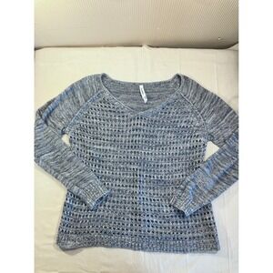 Aeropostale Womens XL Blue Marl Open Knit V-Neck Cotton Sweater Raglan Sleeve